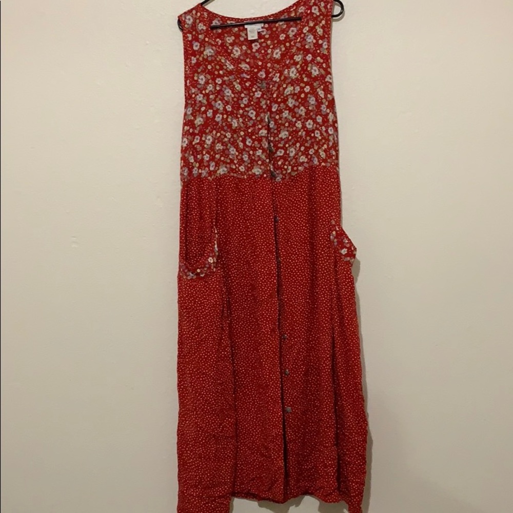 Red floral button down dress